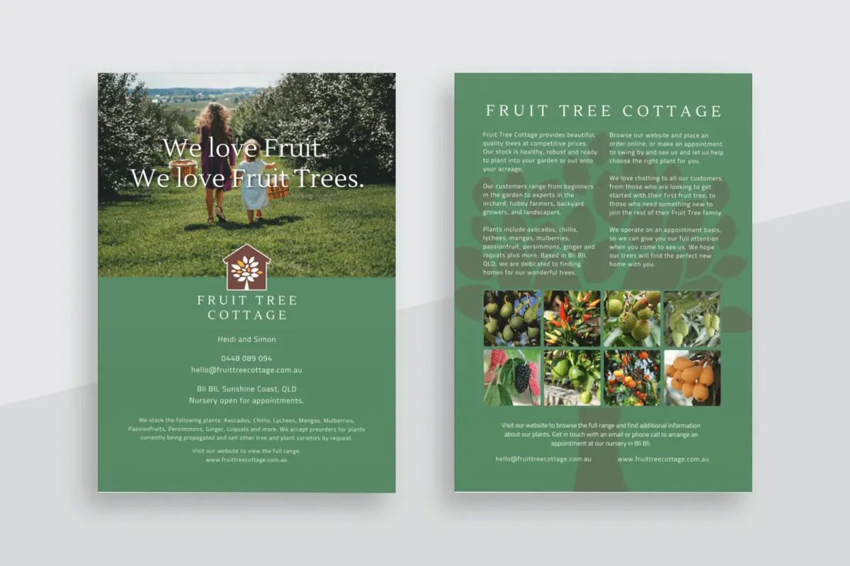 Fruit Tree Cottage A5 flyer, front and back