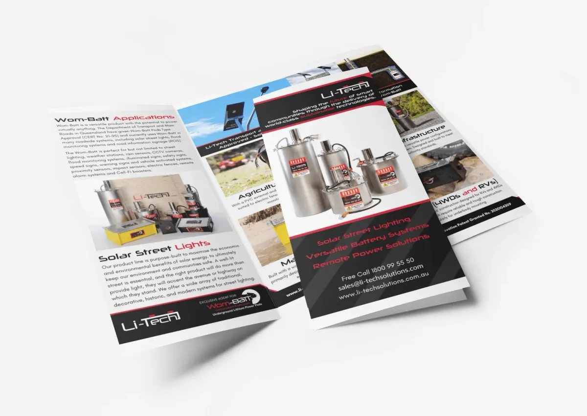 Li-Tech Solutions tri-fold brochure, open, showing the Wom-Batt product range and applications